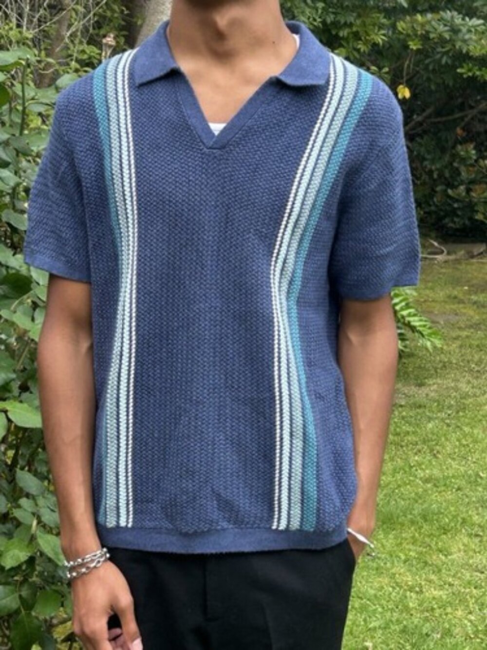 MARINE LAYER Sweater Mens L Conrad Polo Striped Panel Textured Cotton Blue